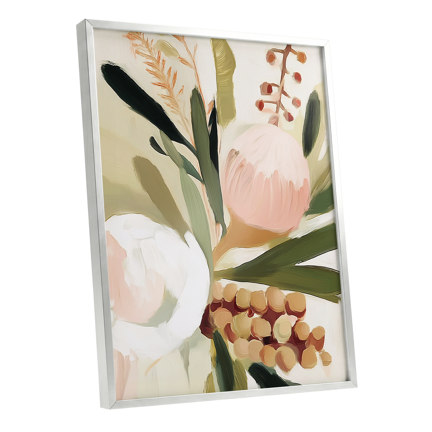 Roseate Botanical, pink, green, beige floral wall art shown as a silver framed poster wall art print