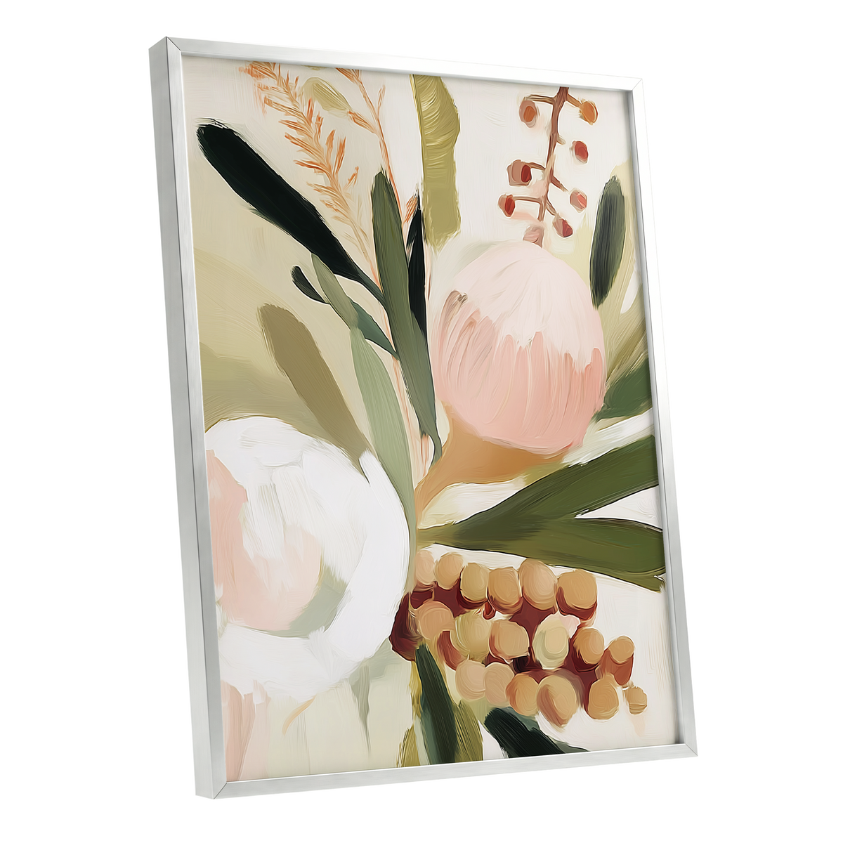 Roseate Botanical, pink, green, beige floral wall art shown as a silver framed poster wall art print
