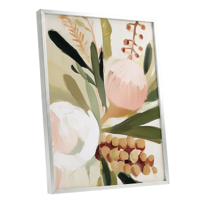 Roseate Botanical, pink, green, beige floral wall art shown as a silver framed poster wall art print