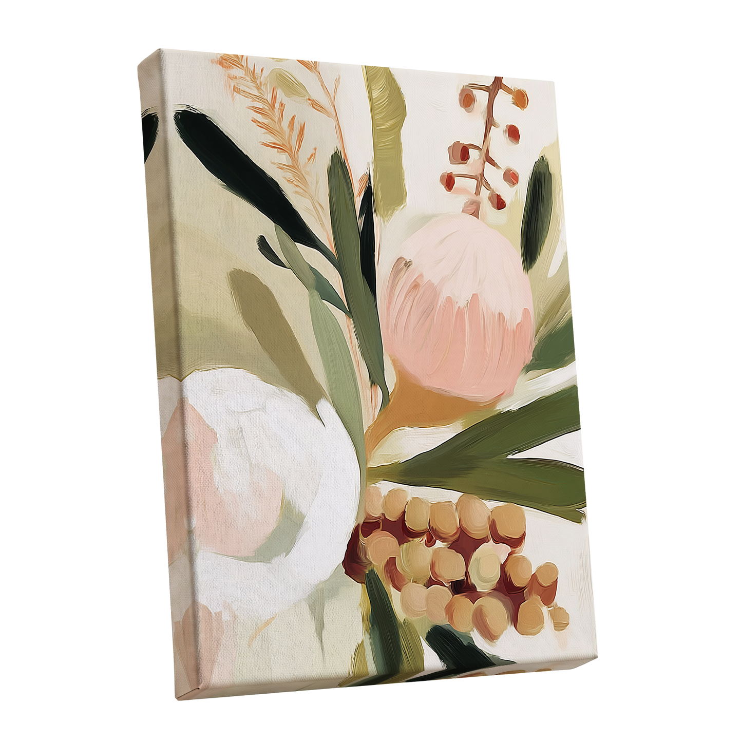 Roseate Botanical, pink, green, beige floral wall art shown as a stretched canvas wall art