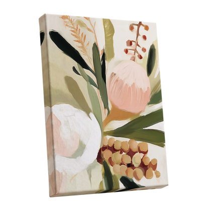Roseate Botanical, pink, green, beige floral wall art shown as a stretched canvas wall art