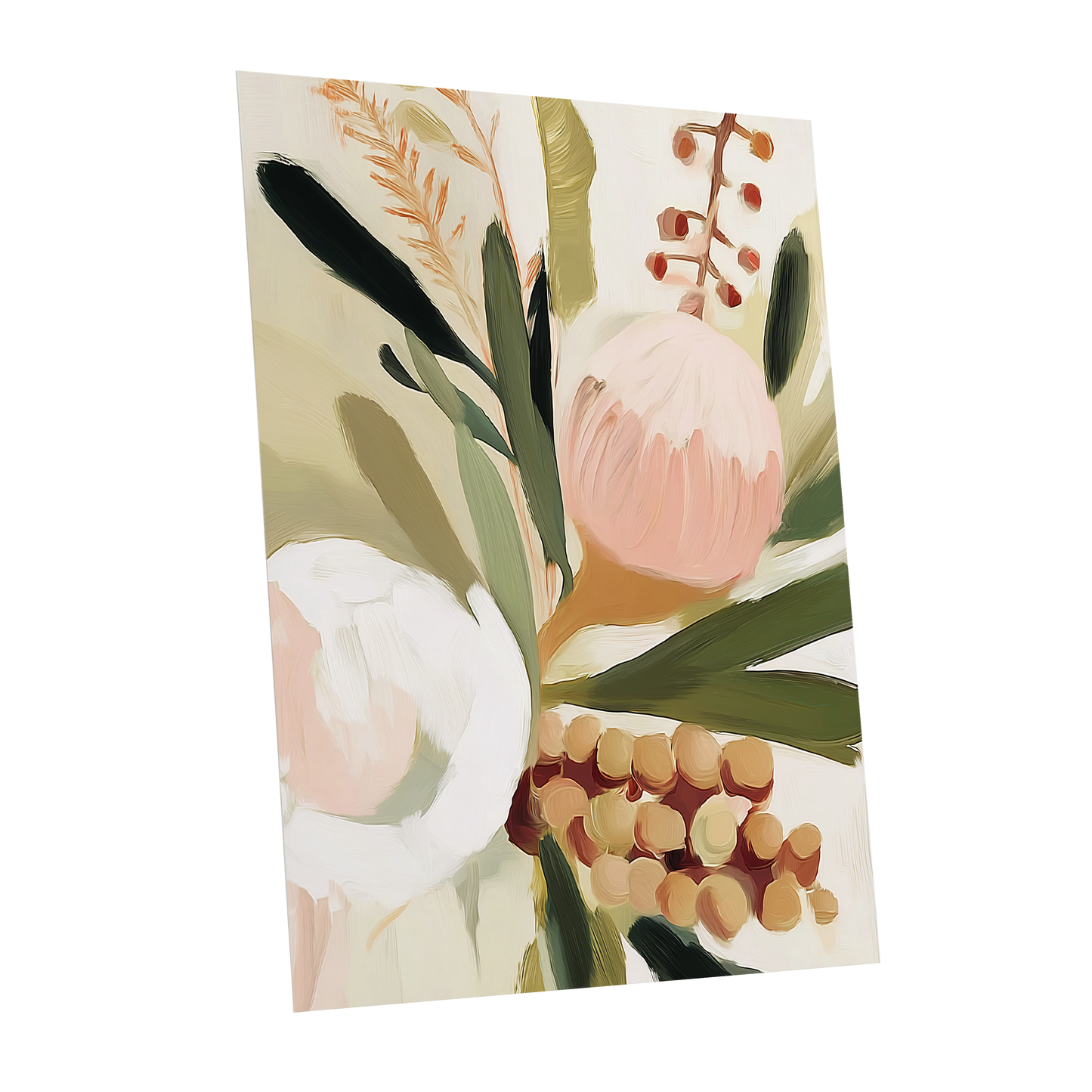 Roseate Botanical, pink, green, beige floral wall art shown as a unframed poster wall art print