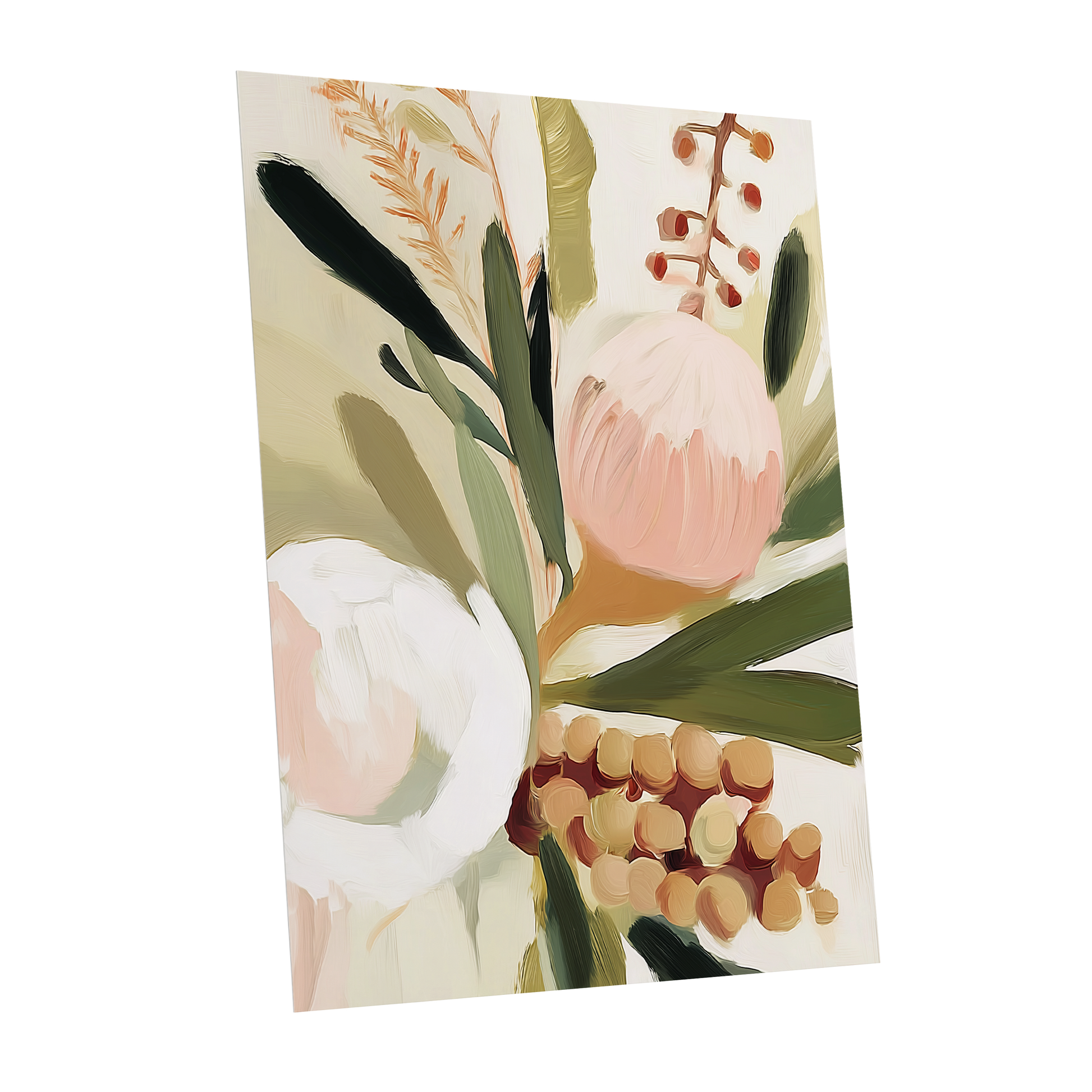 Roseate Botanical, pink, green, beige floral wall art shown as a unframed poster wall art print