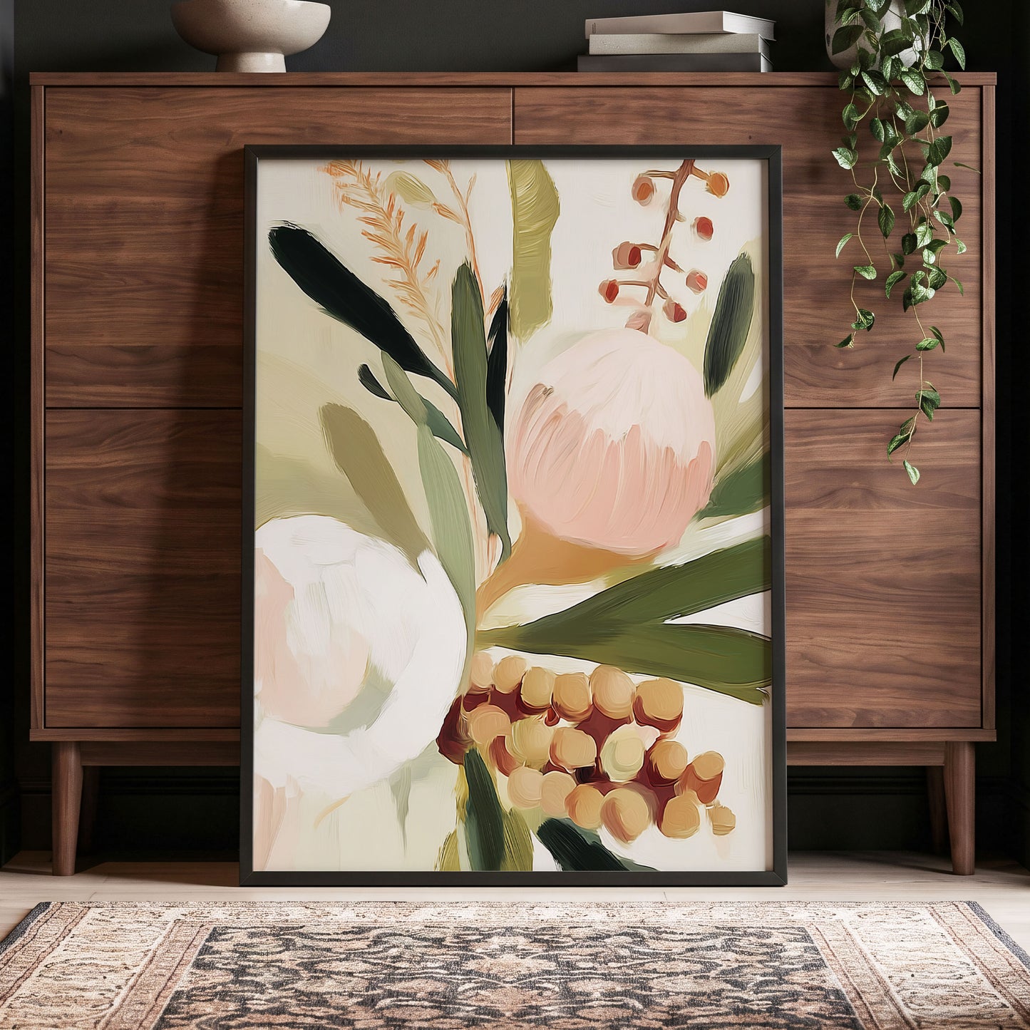 Roseate Botanical, pink, green, beige floral wall art displayed in a styled interior, gallery view 2