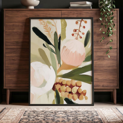 Roseate Botanical, pink, green, beige floral wall art displayed in a styled interior, gallery view 2