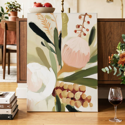 Roseate Botanical, pink, green, beige floral wall art displayed in a styled interior, gallery view 3