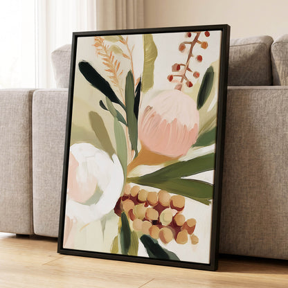 Roseate Botanical, pink, green, beige floral wall art displayed in a styled interior, gallery view 4