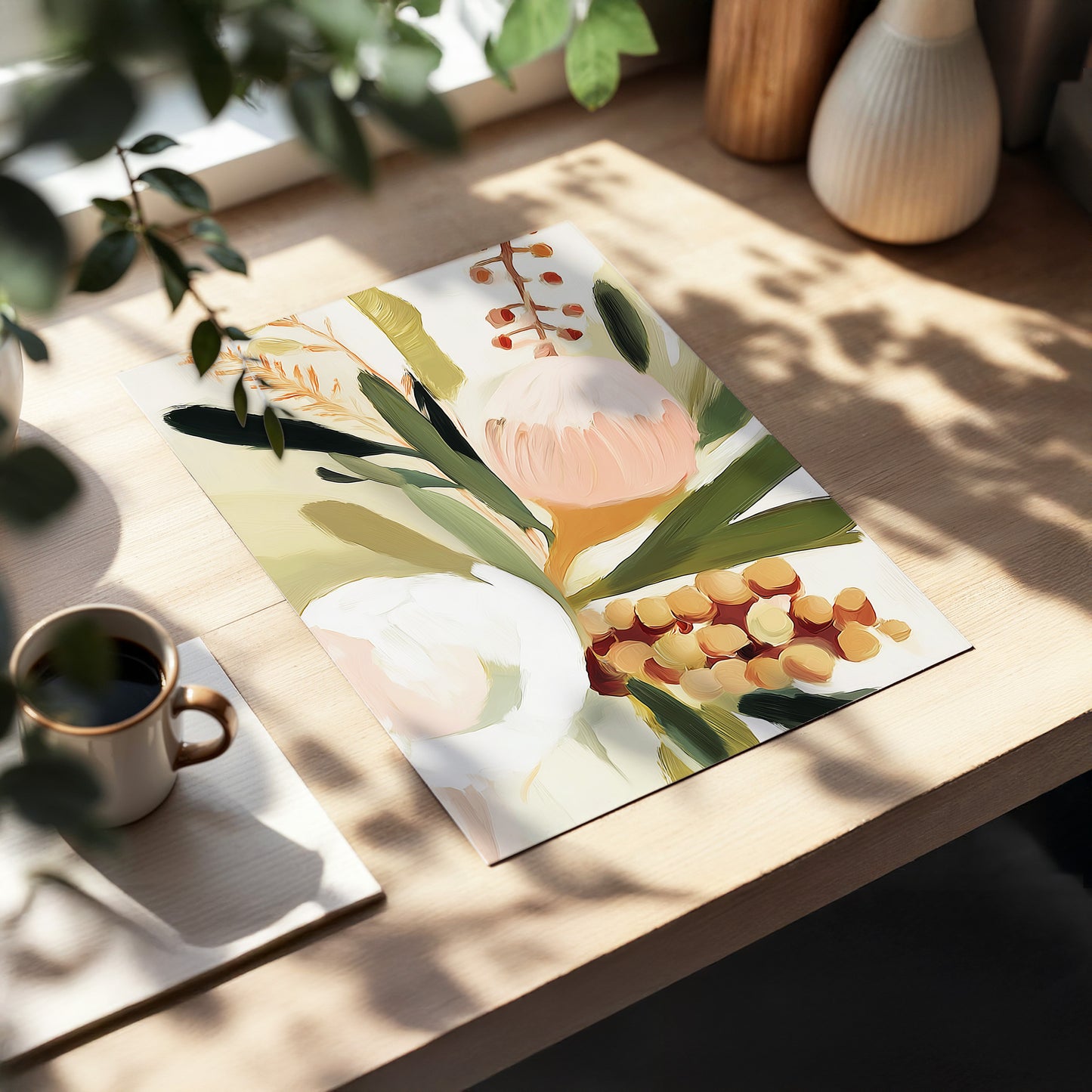 Roseate Botanical, pink, green, beige floral wall art displayed in a styled interior, gallery view 5
