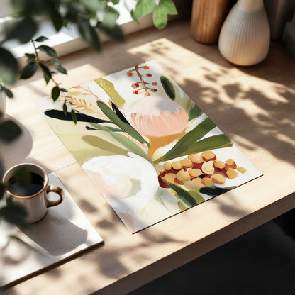 Roseate Botanical, pink, green, beige floral wall art displayed in a styled interior, gallery view 5