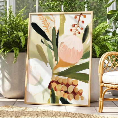 Roseate Botanical, pink, green, beige floral wall art displayed in a styled interior, gallery view 6