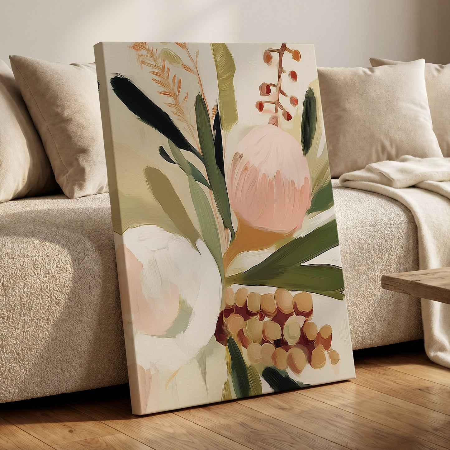 Roseate Botanical, pink, green, beige floral wall art displayed in a styled interior, gallery view 7