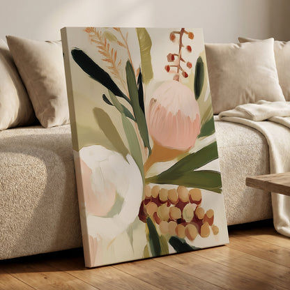 Roseate Botanical, pink, green, beige floral wall art displayed in a styled interior, gallery view 7