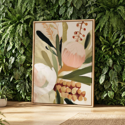 Roseate Botanical, pink, green, beige floral wall art displayed in a styled interior, gallery view 8
