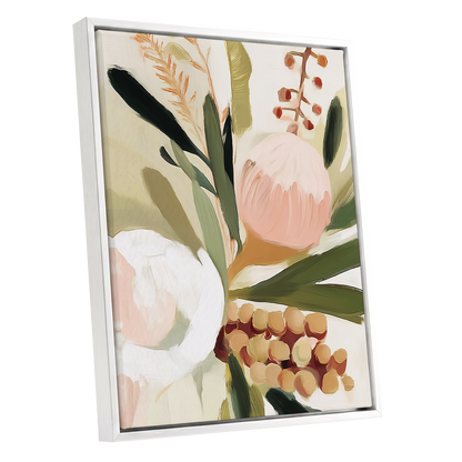 Roseate Botanical, pink, green, beige floral wall art shown as a white framed canvas wall art