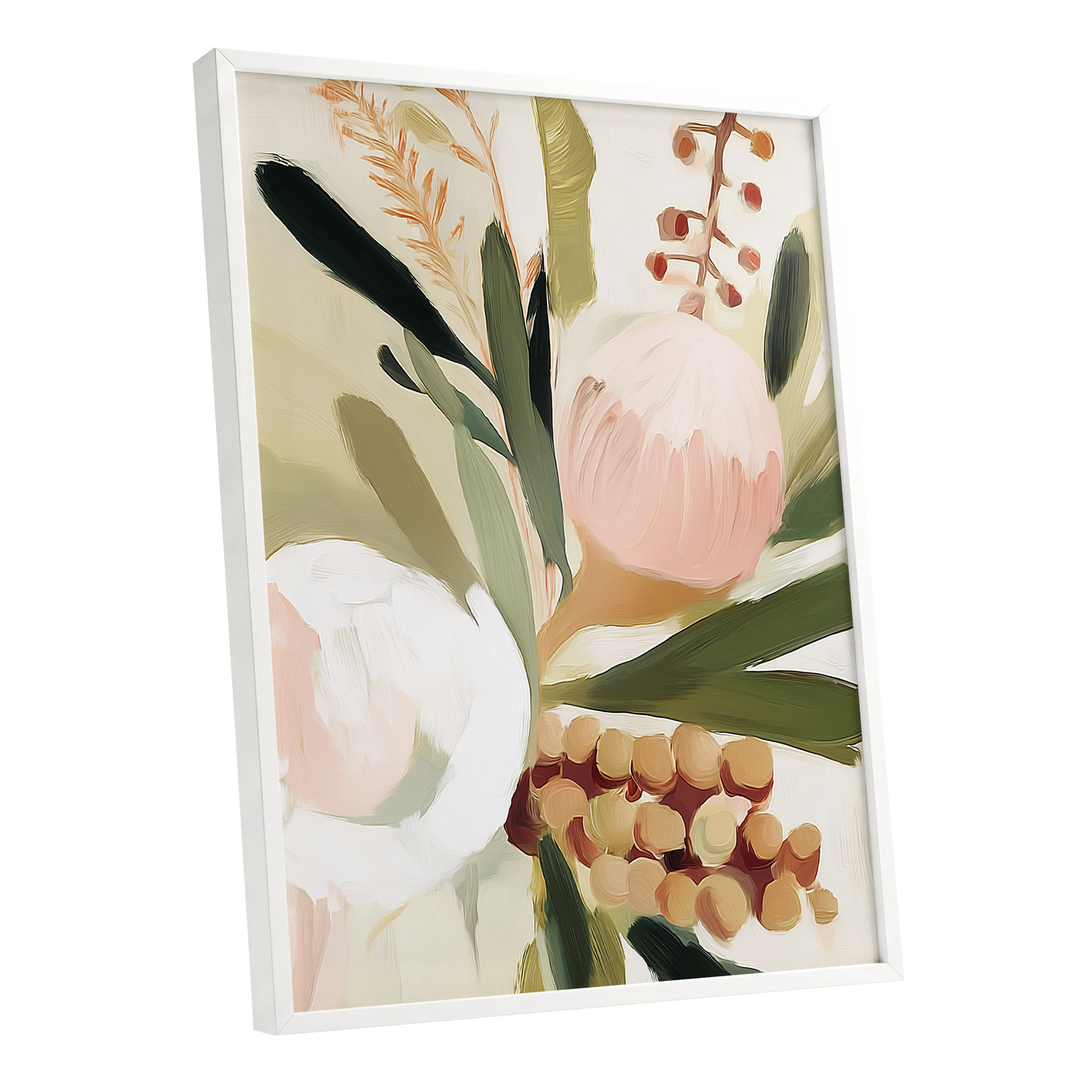 Roseate Botanical, pink, green, beige floral wall art shown as a white framed poster wall art print