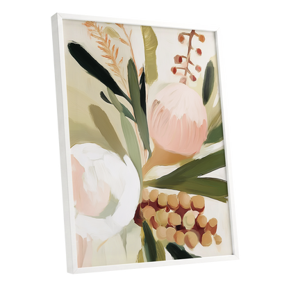 Roseate Botanical, pink, green, beige floral wall art shown as a white framed poster wall art print