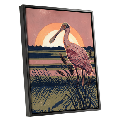 Roseate Marshlight, pink, blue, green nature wall art shown as a black framed canvas wall art