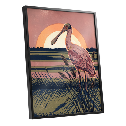 Roseate Marshlight, pink, blue, green nature wall art shown as a black framed poster wall art print