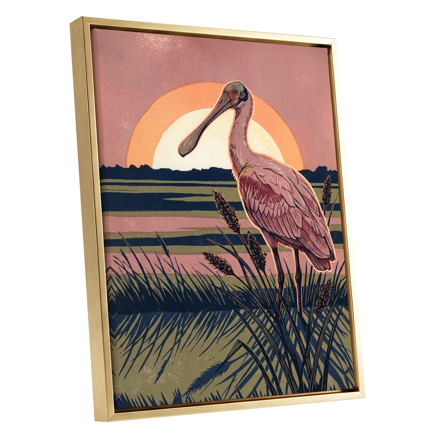 Roseate Marshlight, pink, blue, green nature wall art shown as a gold framed canvas wall art