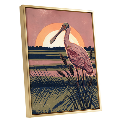 Roseate Marshlight, pink, blue, green nature wall art shown as a gold framed canvas wall art