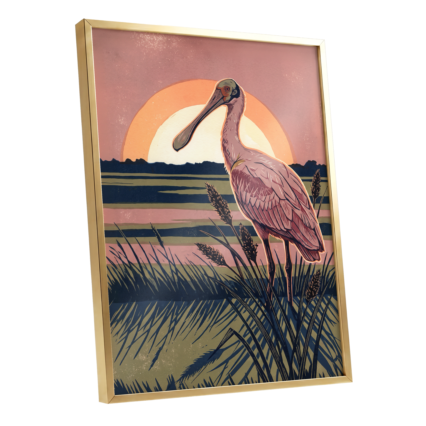 Roseate Marshlight, pink, blue, green nature wall art shown as a gold framed poster wall art print