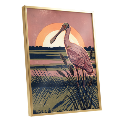 Roseate Marshlight, pink, blue, green nature wall art shown as a gold framed poster wall art print