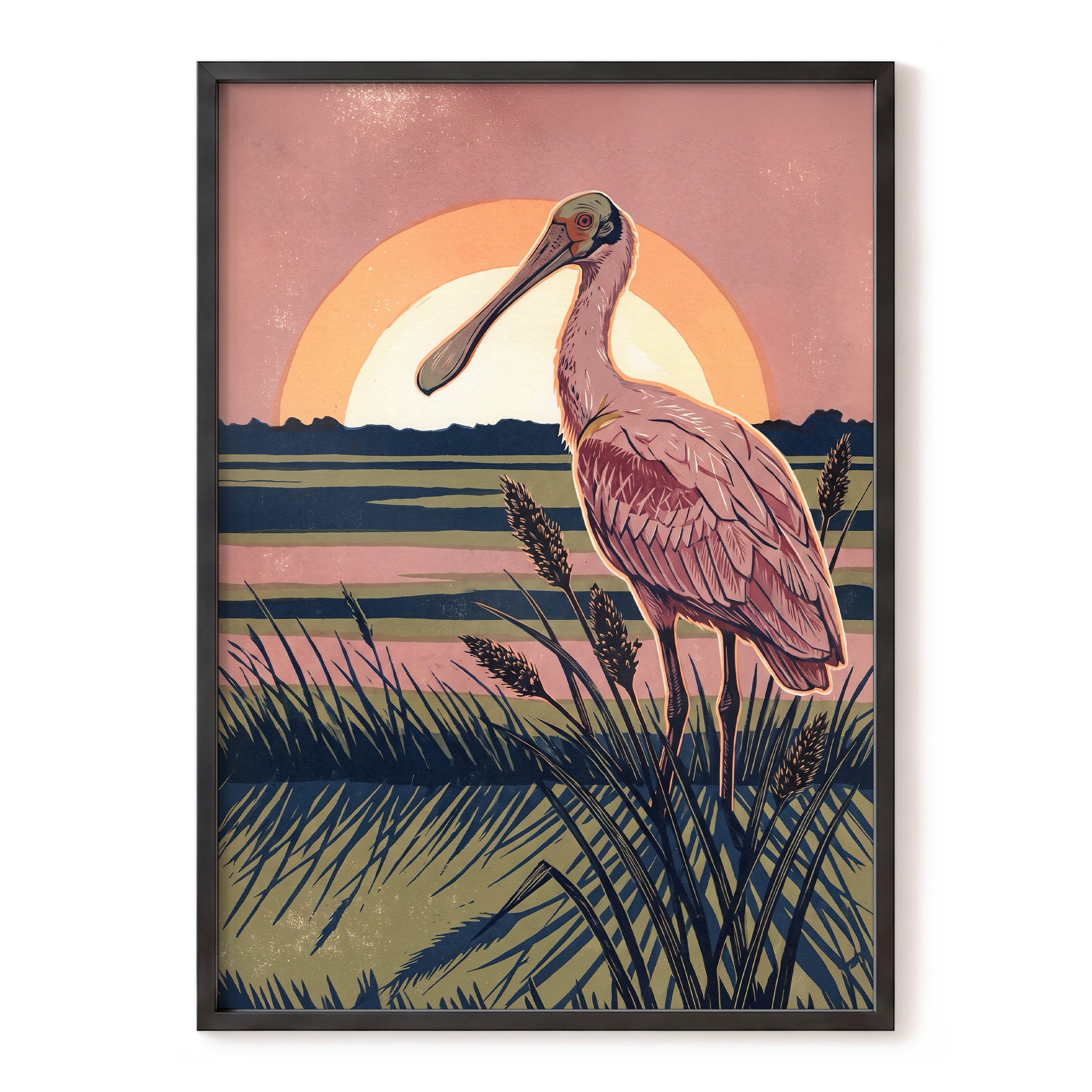 Roseate Marshlight, pink, blue, green nature wall art, front artwork view