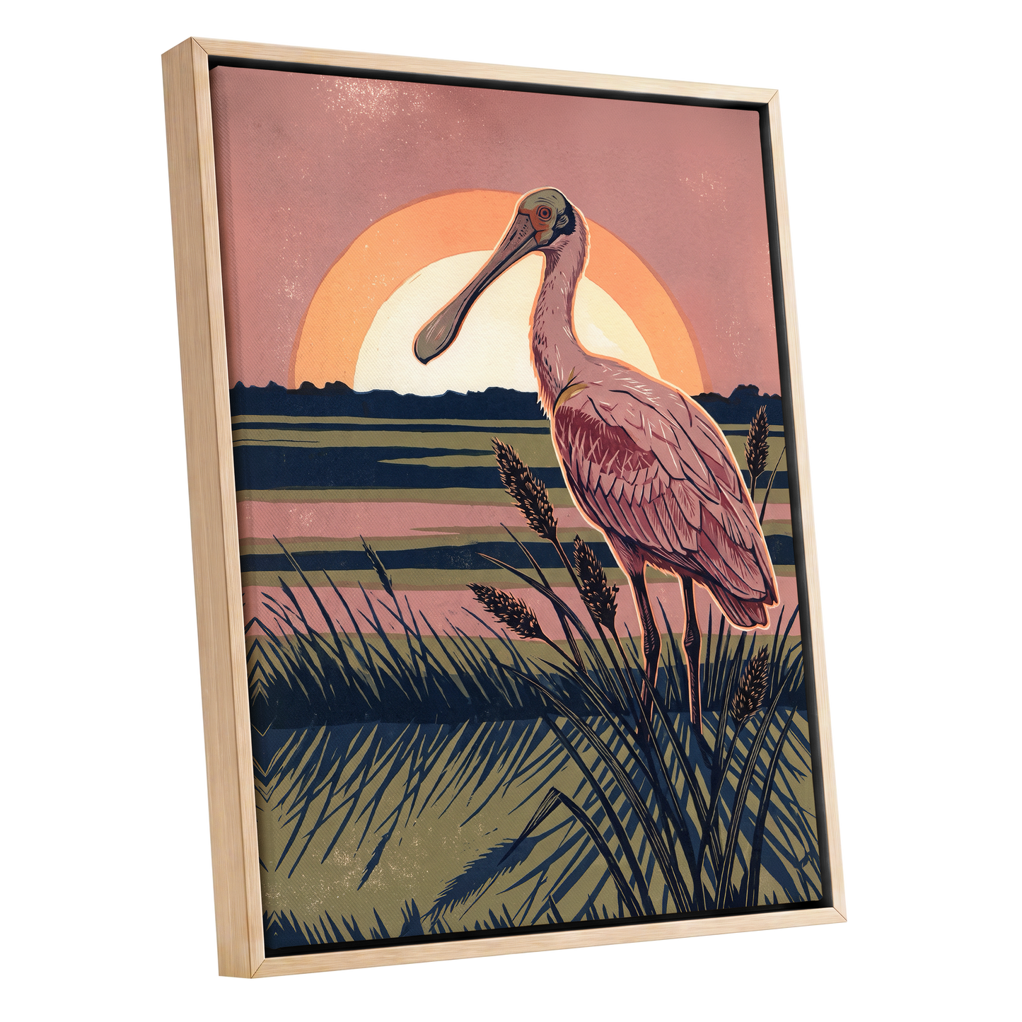 Roseate Marshlight, pink, blue, green nature wall art shown as a oak framed canvas wall art