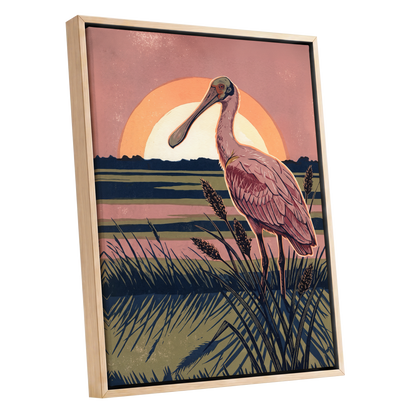 Roseate Marshlight, pink, blue, green nature wall art shown as a oak framed canvas wall art