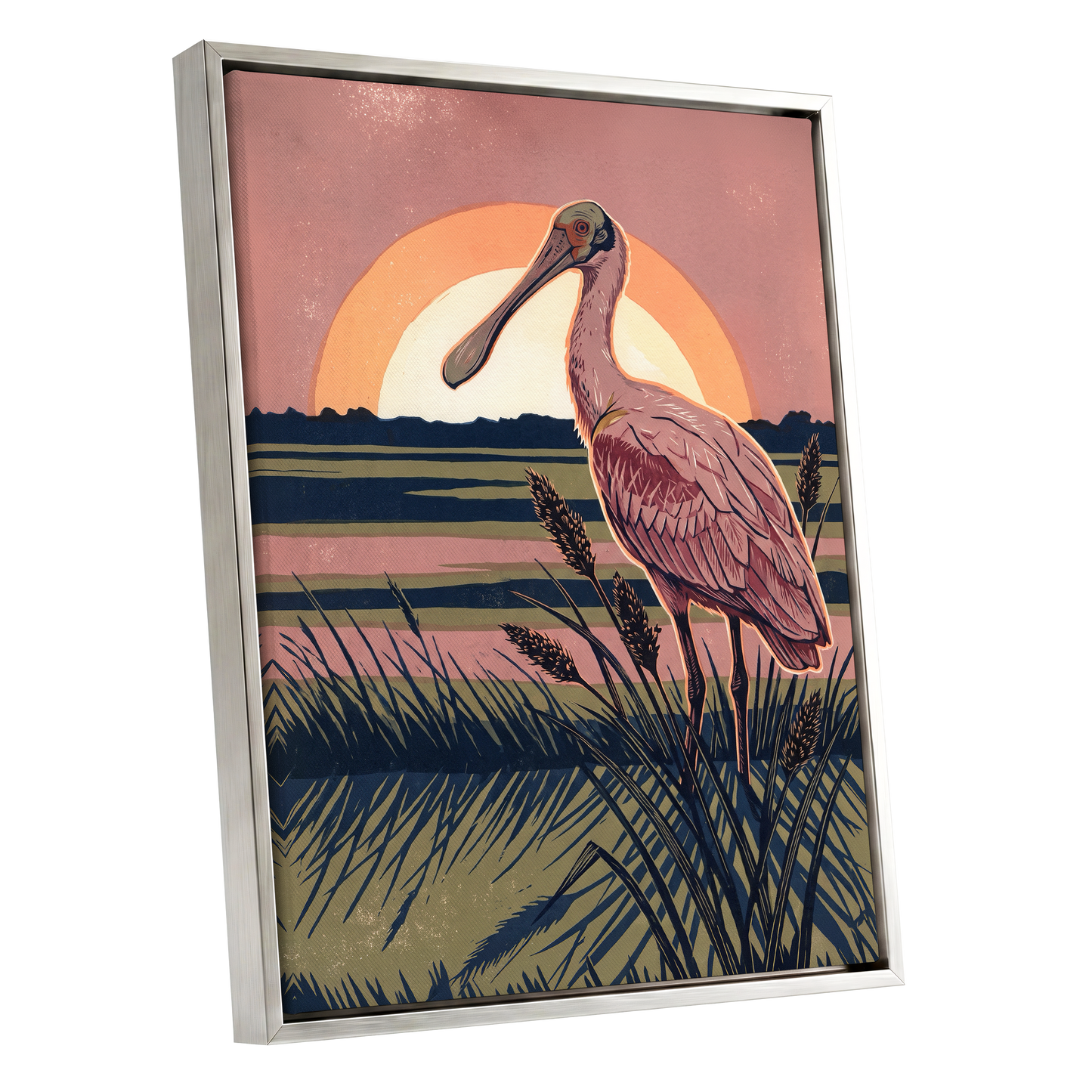 Roseate Marshlight, pink, blue, green nature wall art shown as a silver framed canvas wall art