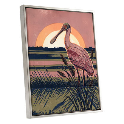 Roseate Marshlight, pink, blue, green nature wall art shown as a silver framed canvas wall art