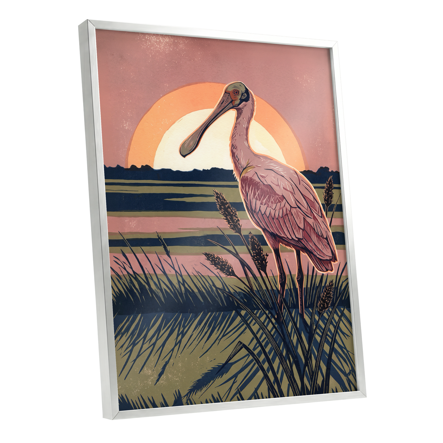 Roseate Marshlight, pink, blue, green nature wall art shown as a silver framed poster wall art print