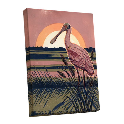 Roseate Marshlight, pink, blue, green nature wall art shown as a stretched canvas wall art