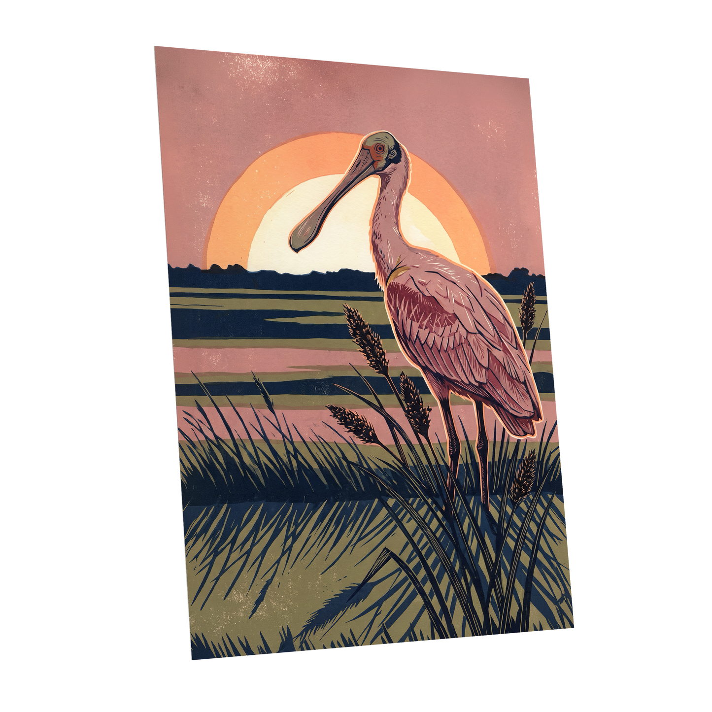 Roseate Marshlight, pink, blue, green nature wall art shown as a unframed poster wall art print