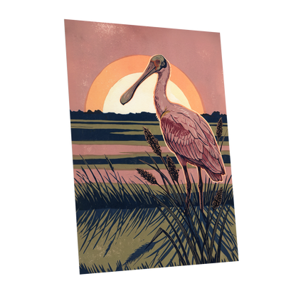 Roseate Marshlight, pink, blue, green nature wall art shown as a unframed poster wall art print