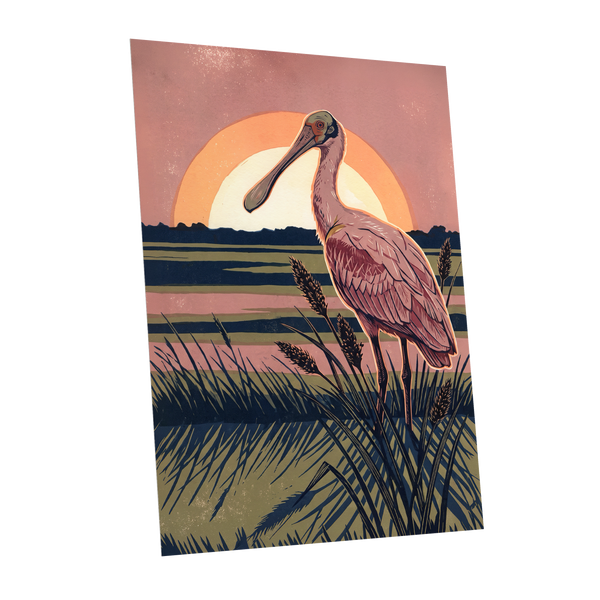 Roseate Marshlight, pink, blue, green nature wall art shown as a unframed poster wall art print
