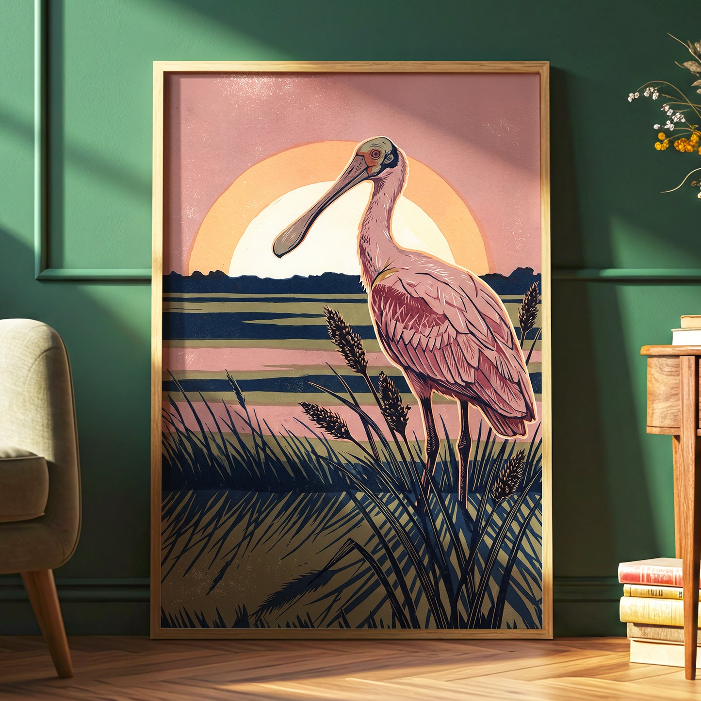Roseate Marshlight, pink, blue, green nature wall art displayed in a styled interior, gallery view 2