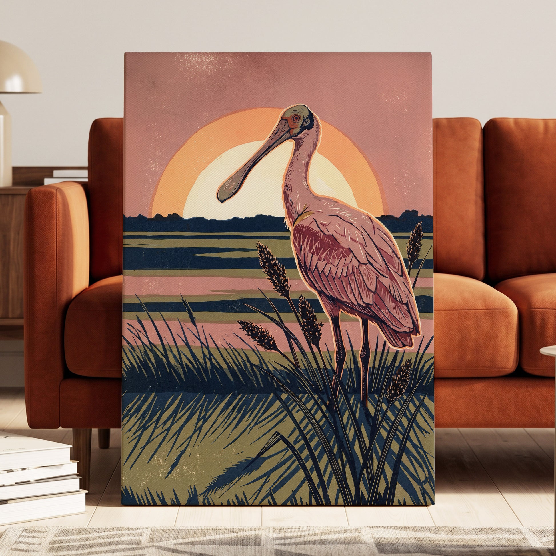 Roseate Marshlight, pink, blue, green nature wall art displayed in a styled interior, gallery view 3