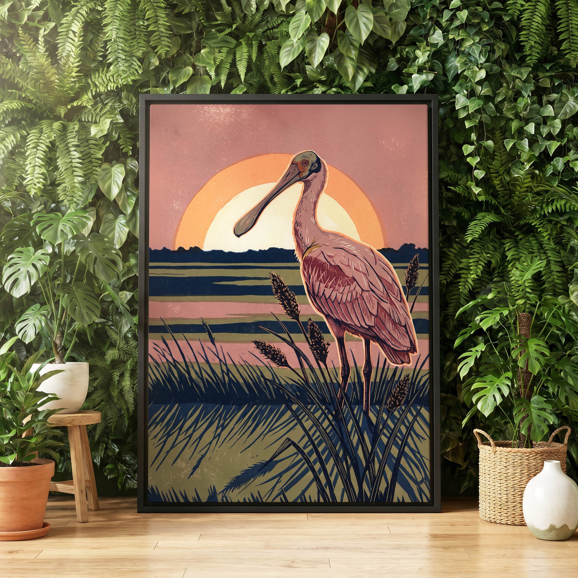 Roseate Marshlight, pink, blue, green nature wall art displayed in a styled interior, gallery view 4
