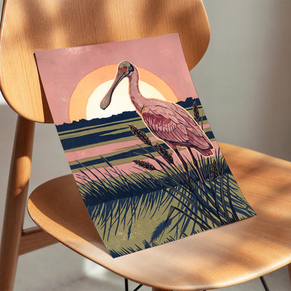 Roseate Marshlight, pink, blue, green nature wall art displayed in a styled interior, gallery view 5