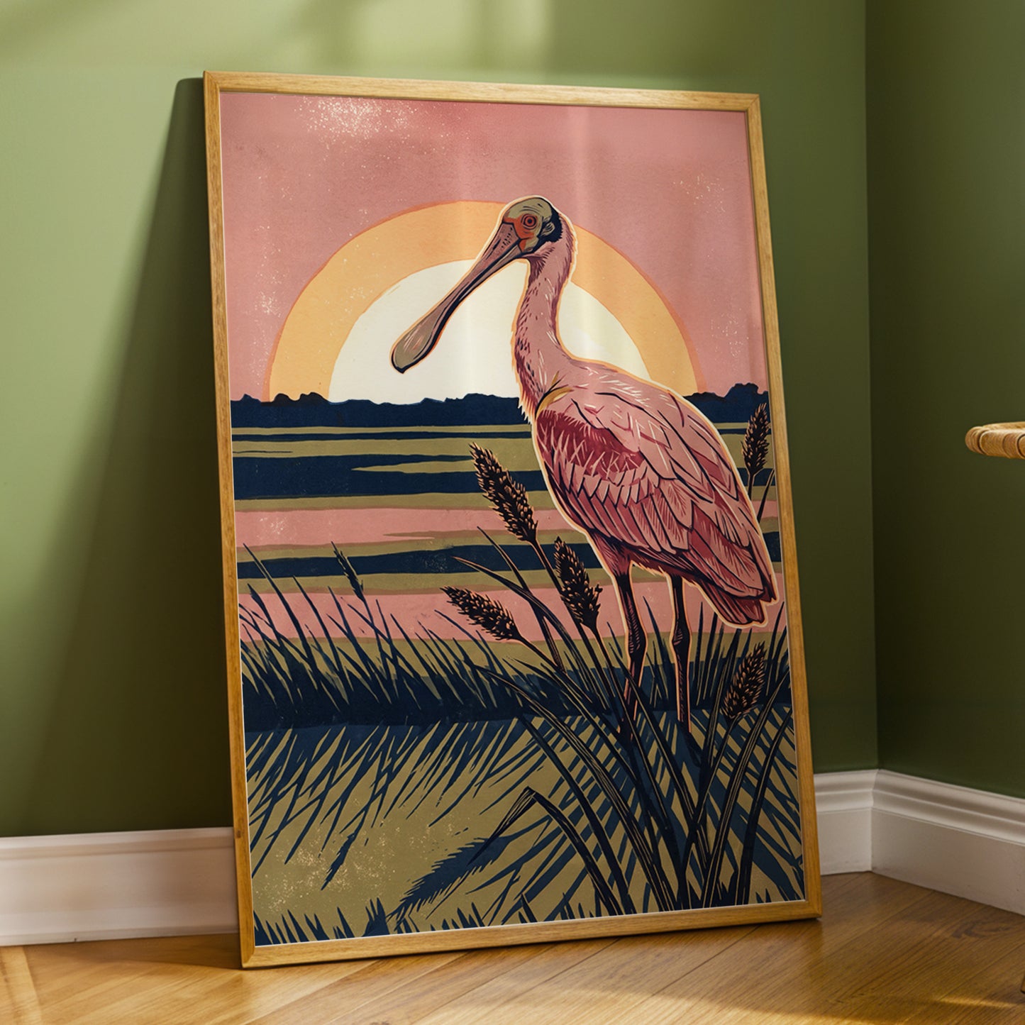 Roseate Marshlight, pink, blue, green nature wall art displayed in a styled interior, gallery view 6