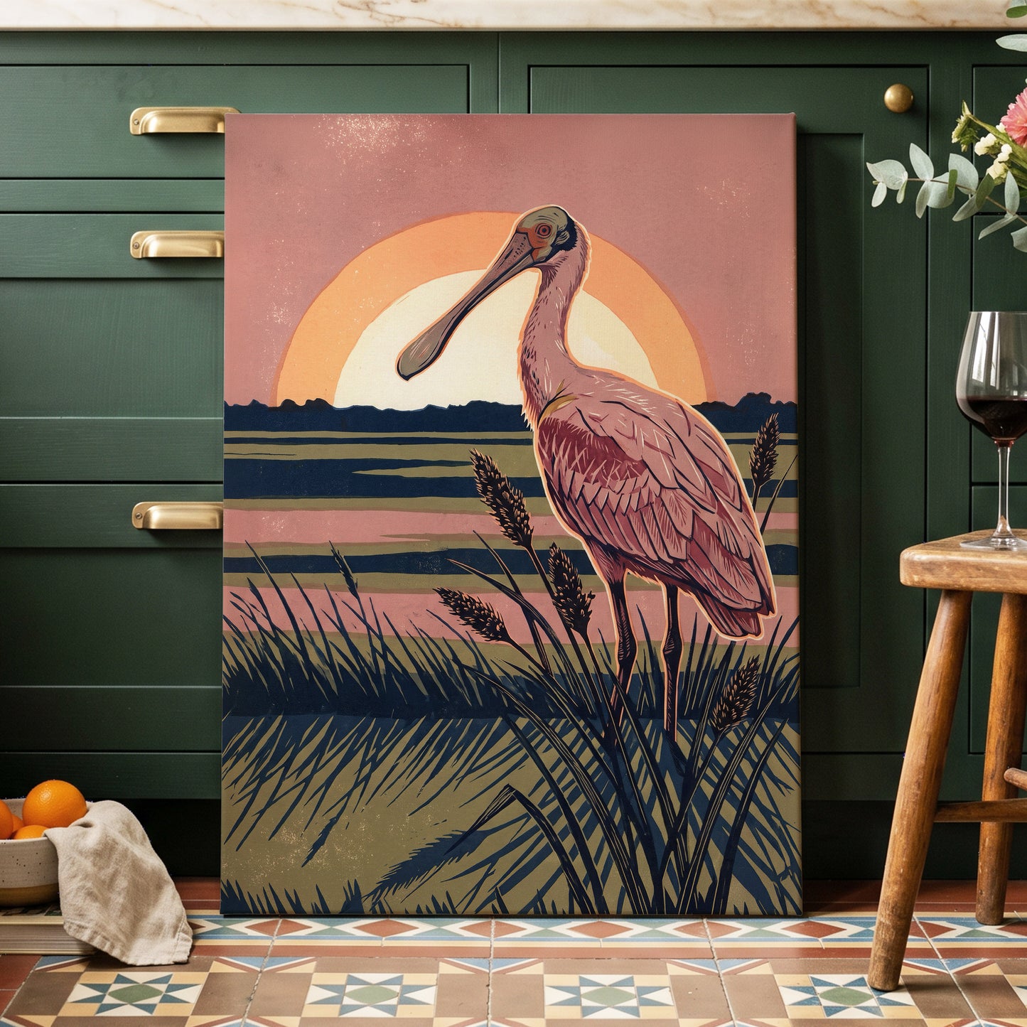 Roseate Marshlight, pink, blue, green nature wall art displayed in a styled interior, gallery view 7