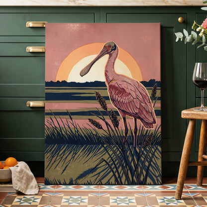 Roseate Marshlight, pink, blue, green nature wall art displayed in a styled interior, gallery view 7