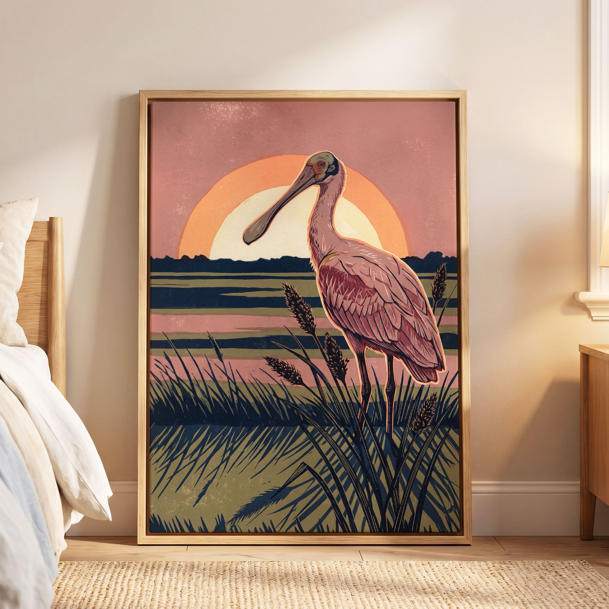 Roseate Marshlight, pink, blue, green nature wall art displayed in a styled interior, gallery view 8