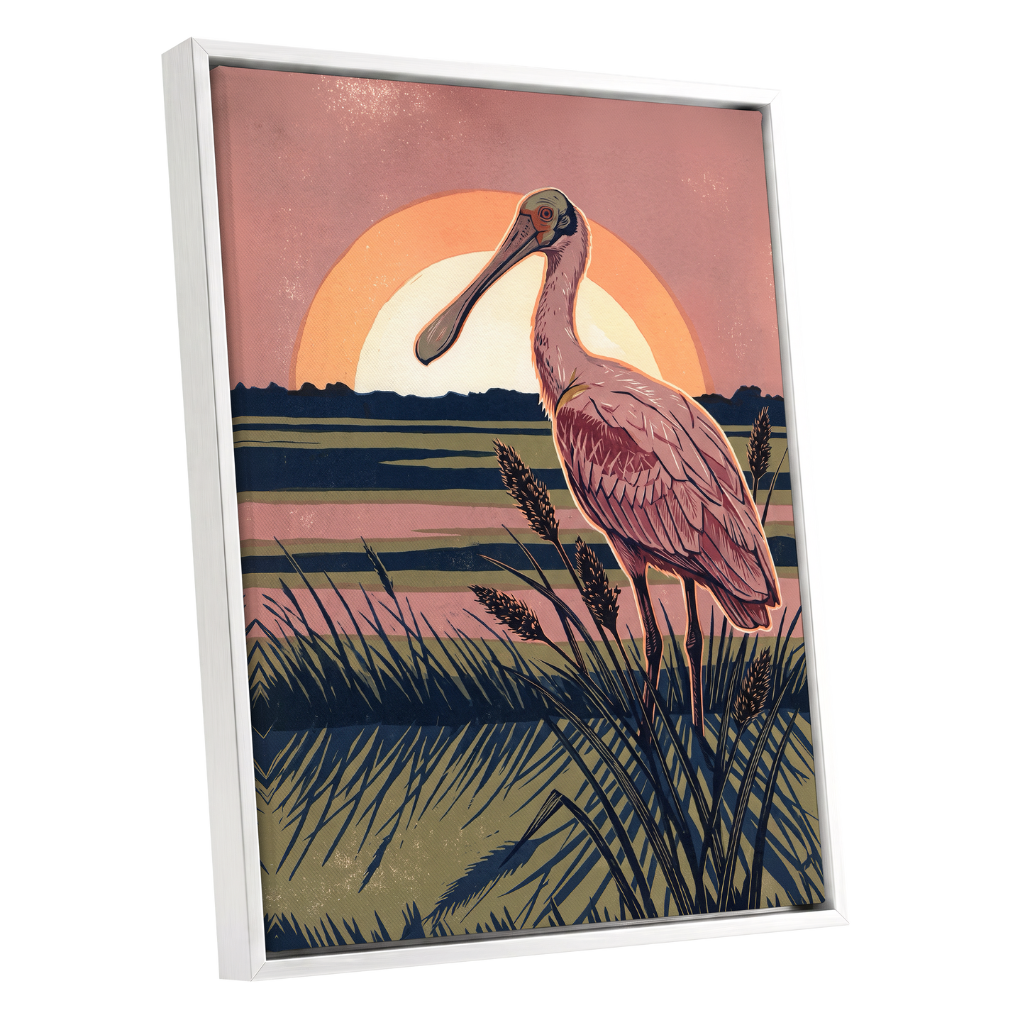 Roseate Marshlight, pink, blue, green nature wall art shown as a white framed canvas wall art