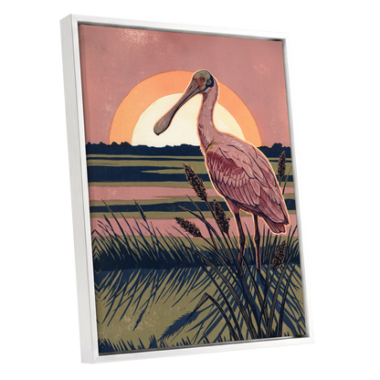 Roseate Marshlight, pink, blue, green nature wall art shown as a white framed canvas wall art