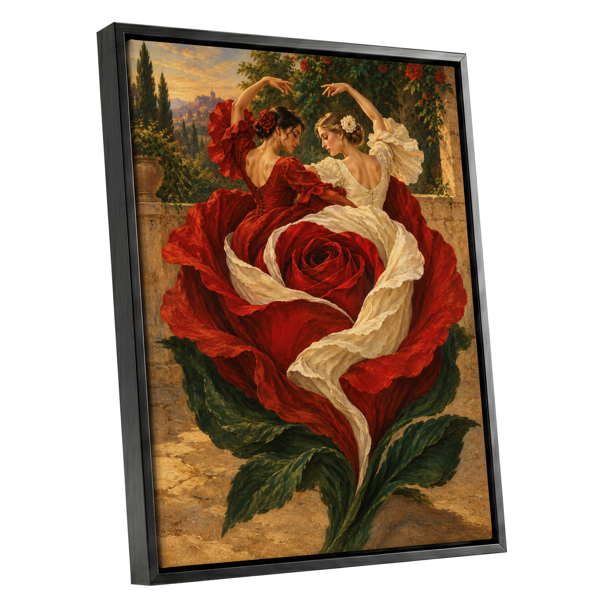 Rosebound Dancers, red, beige, green floral wall art shown as a black framed canvas wall art
