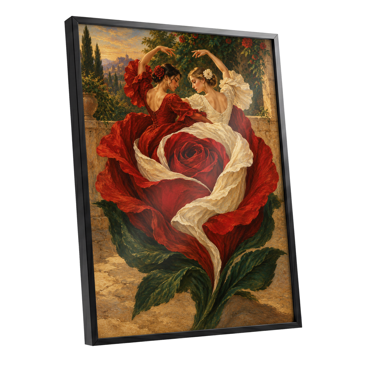 Rosebound Dancers, red, beige, green floral wall art shown as a black framed poster wall art print