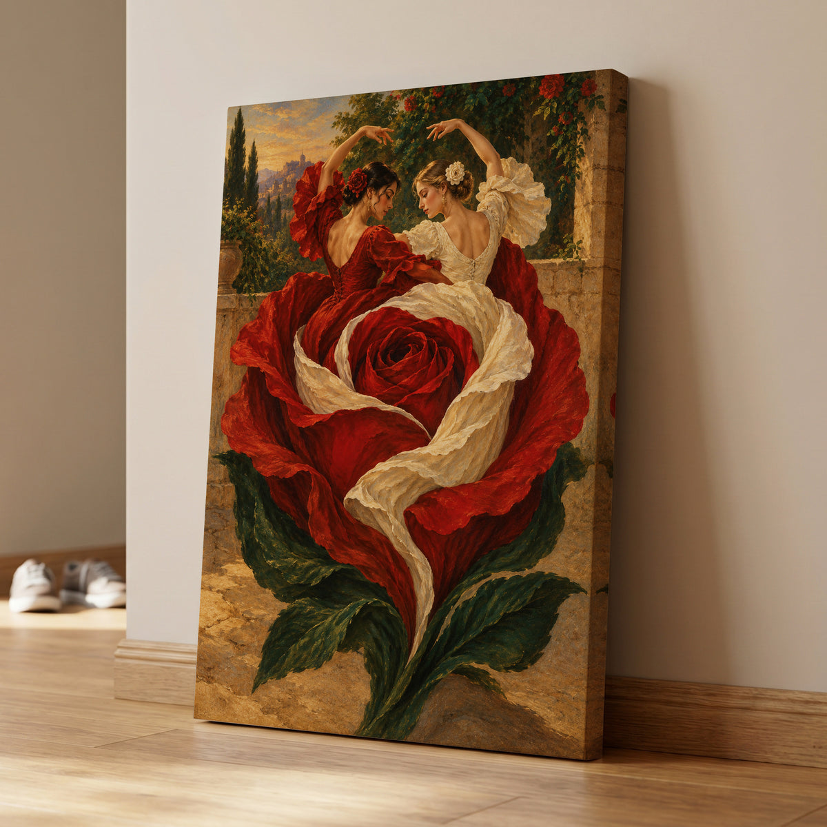 Rosebound Dancers, red, beige, green floral wall art on canvas displayed in a styled interior, gallery view 1