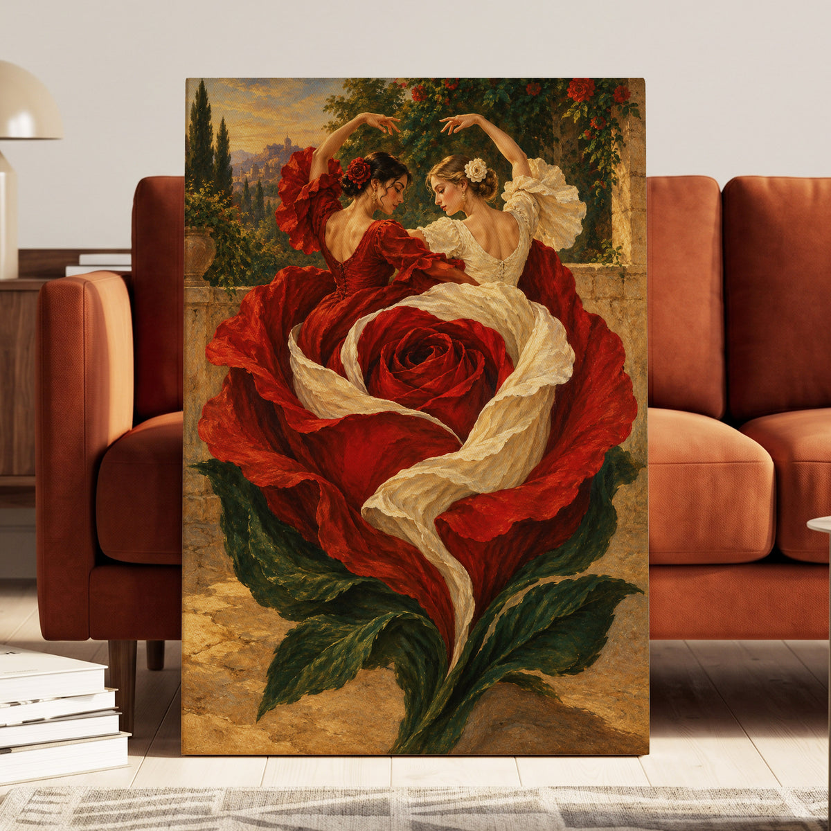 Rosebound Dancers, red, beige, green floral wall art on canvas displayed in a styled interior, gallery view 2